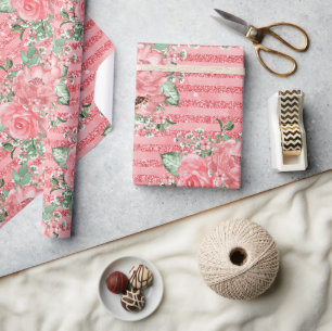 Papier Cadeau Aquarelle Fleurs Roses Roses & Bandes de Paillette
