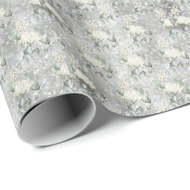 Papier Cadeau Aquarelle Floral Blanc Parties scintillant look Ma (Coin rond)