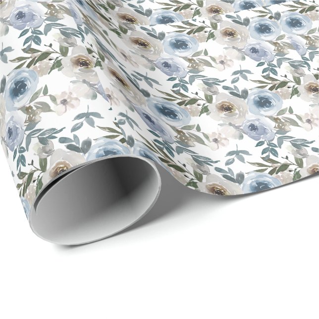 Papier Cadeau Aquarelle Floral Dusty Blue Flower Cravate (Coin rond)