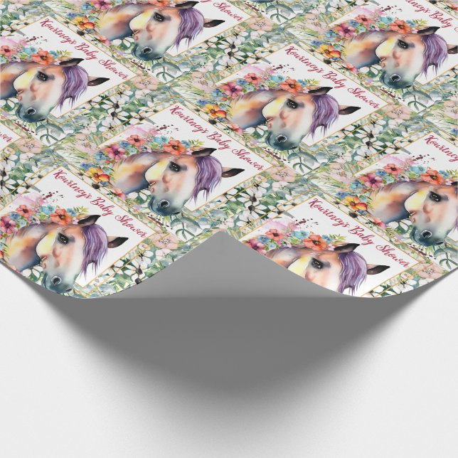 Papier Cadeau Aquarelle Floral Horse Baby shower (Coin)