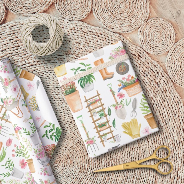 Papier Cadeau Aquarelle Floral jardinage Outils Jardin (In situ)