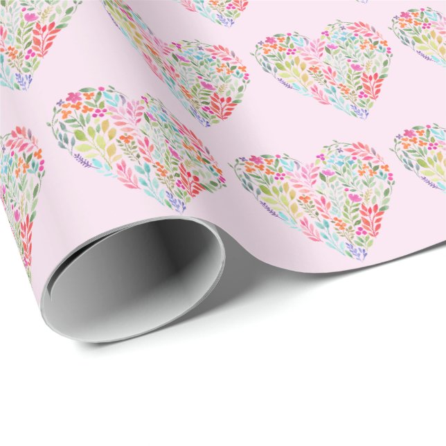 Papier Cadeau Aquarelle Florale Coeur sur rose (Coin rond)