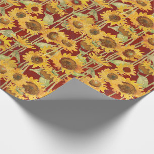 Papier Cadeau Aquarelle florale de tournesol jaune sur rouge