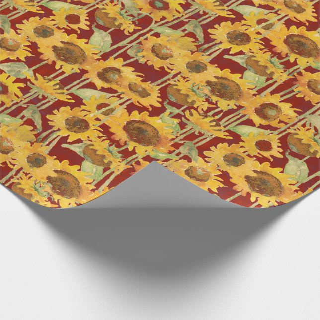 Papier Cadeau Aquarelle florale de tournesol jaune sur rouge (Coin)