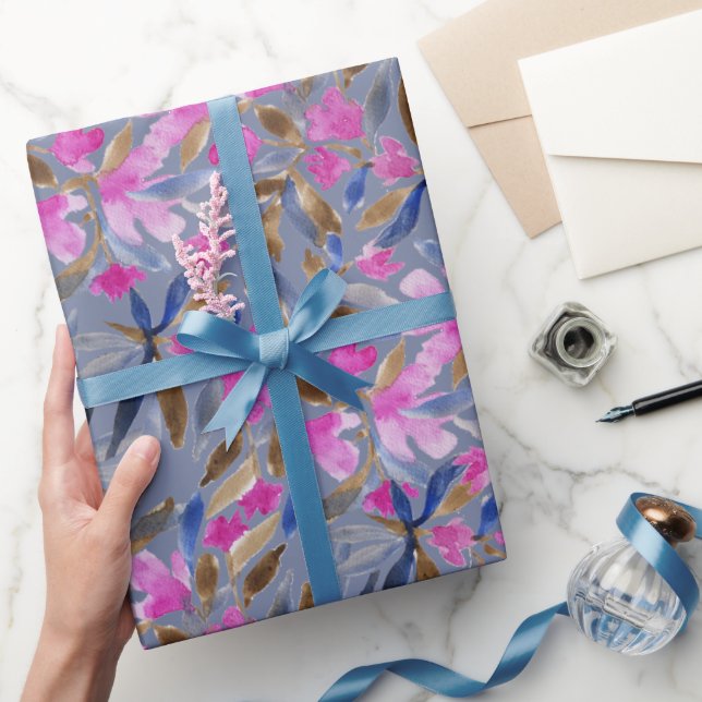 Papier Cadeau Aquarelle Florale En Cèdre Bleu Vénitien Rose (Cadeaux)