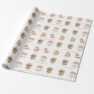 Papier Cadeau Aquarelle Florale gâteaux d'anniversaire
