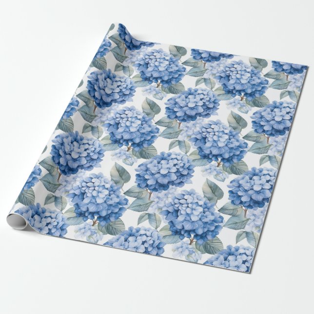 Papier Cadeau Aquarelle florale - Hydrangées bleues (Déroulé)