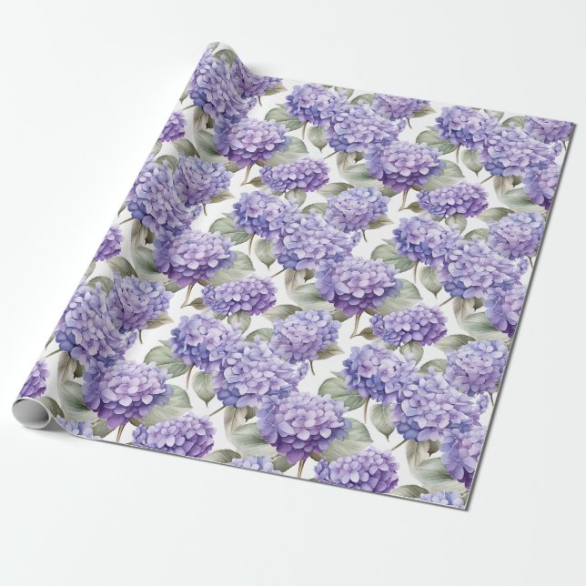 Papier Cadeau Aquarelle florale - Lavande Purple Hydrangeas (Déroulé)
