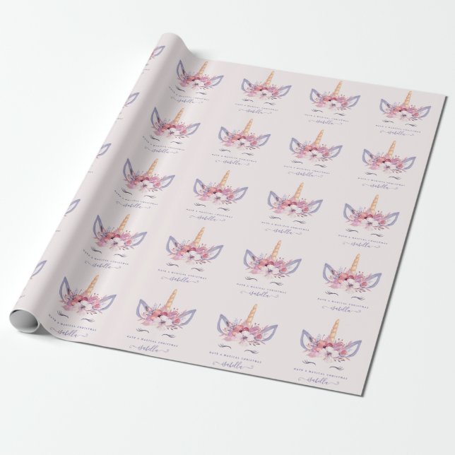 Papier Cadeau Aquarelle florale licorne visage Noël (Déroulé)