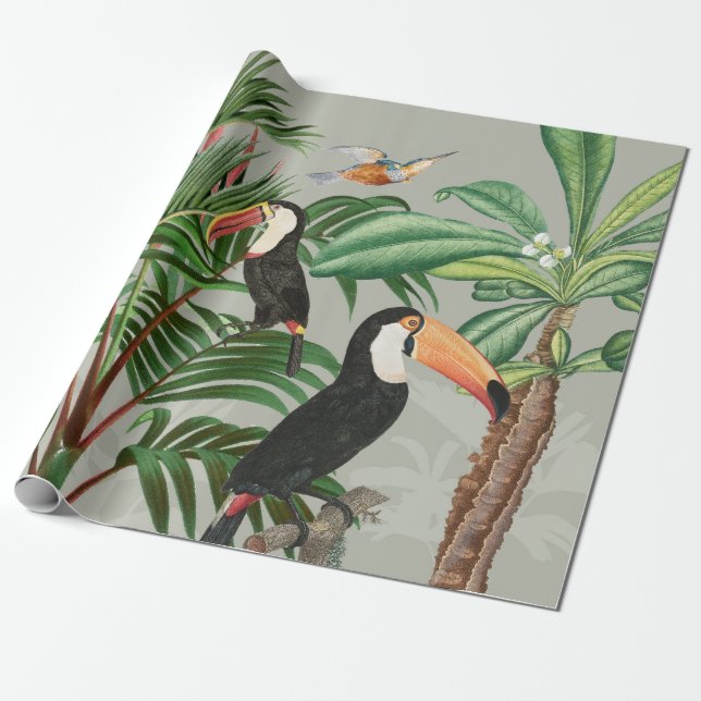 Papier Cadeau Aquarelle Forêt tropicale et Oiseaux du Toucan (Déroulé)