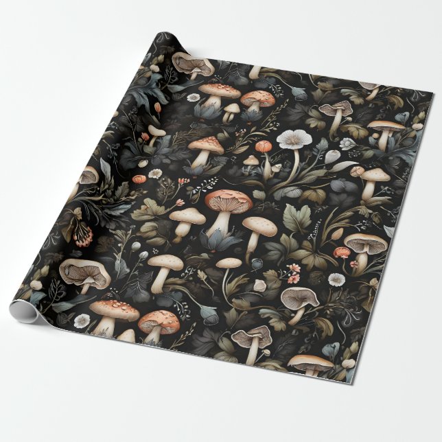 Papier Cadeau Aquarelle Forêt Verdure Champignons Automne (Déroulé)