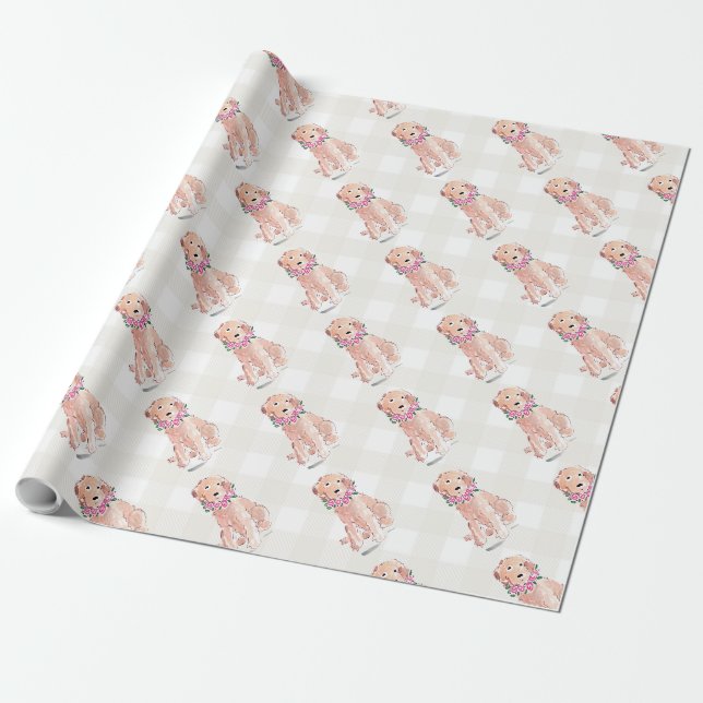 Papier Cadeau Aquarelle Golden Doodle Fleurs de chien En vichy d (Déroulé)
