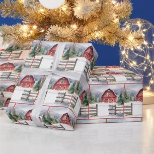 Papier Cadeau Aquarelle Grange de Noël en neige