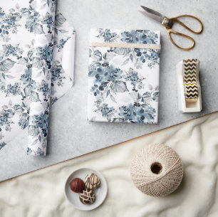 Papier Cadeau Aquarelle Gris et Bleu Floral Modèle vacances