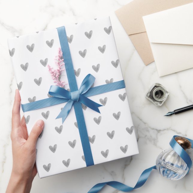 Papier Cadeau Aquarelle gris Valentines Coeur sur blanc (Cadeaux)