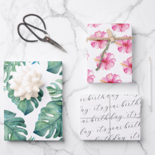 Papier Cadeau Aquarelle Hibiscus Tropical & Feuille de palme