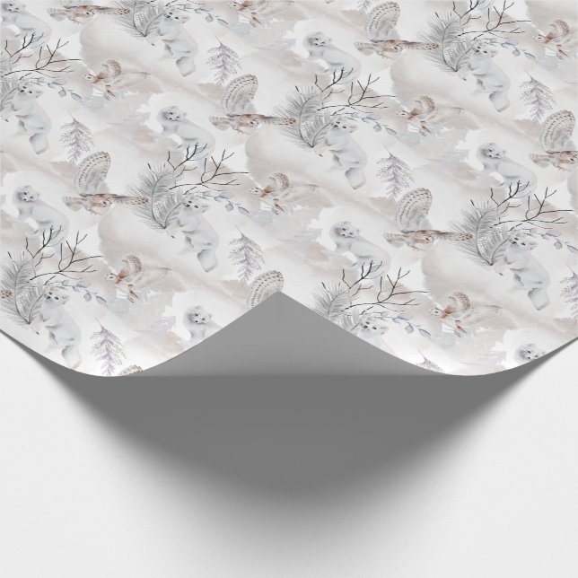 Papier Cadeau Aquarelle hiver Chouette blanche Motif renard de n (Coin)