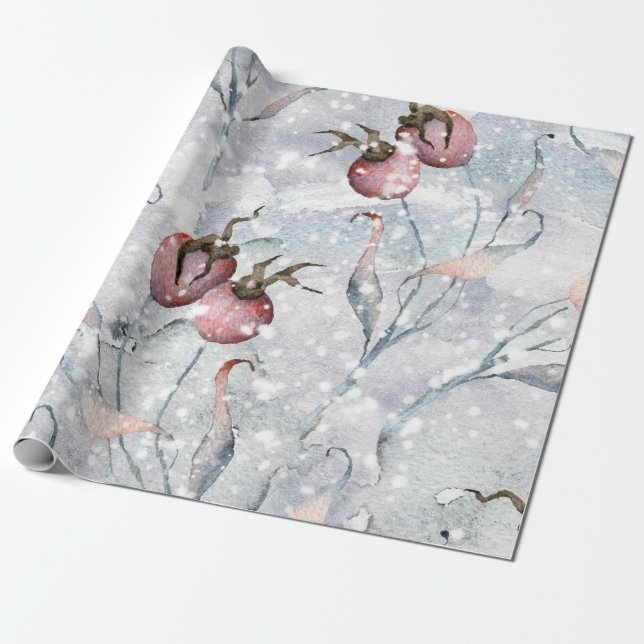 Papier Cadeau Aquarelle Hiver Fruits creux et neige Noël (Déroulé)