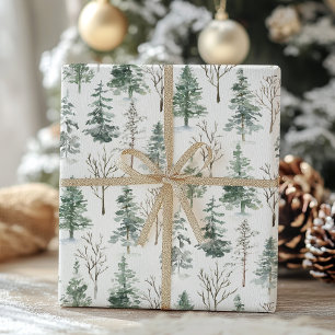 Papier Cadeau Aquarelle hiver Pins rustiques Arbres Forêt Neige