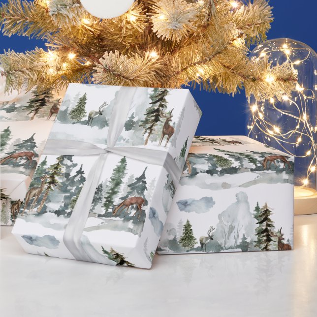 Papier Cadeau Aquarelle Hiver Scène Forêt Boisée Reindeer W (Vacances)