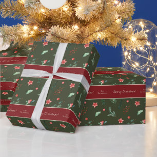 Papier Cadeau Aquarelle Holly Berries Vert et Rouge Noël