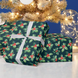 Papier Cadeau Aquarelle Holly Berry Mistletoe Noël