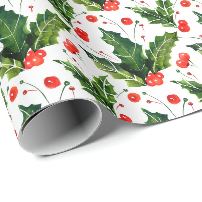 Papier Cadeau Aquarelle Holly Berry Mistletoe Noël (Coin rond)