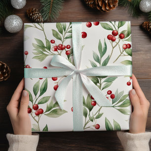 Papier Cadeau Aquarelle Holly de Noël Rouge et Vert