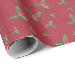 Papier Cadeau Aquarelle Holly et Berries à Noël rouge