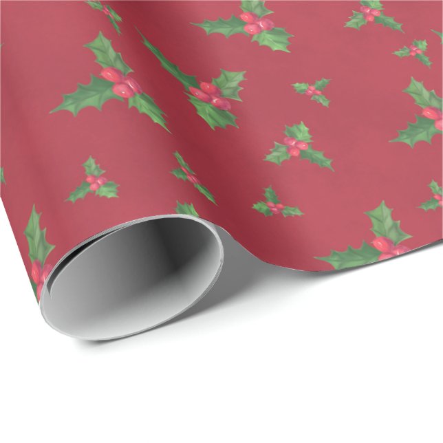 Papier Cadeau Aquarelle Holly et Berries à Noël rouge (Coin rond)