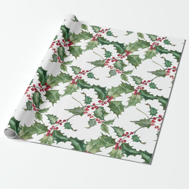 Papier Cadeau Aquarelle Holly et Berries rouges (Déroulé)