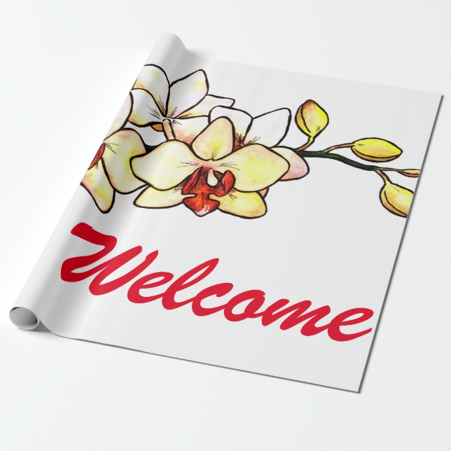 Papier Cadeau aquarelle illustration orchidée fleurs jaunes flo (Déroulé)