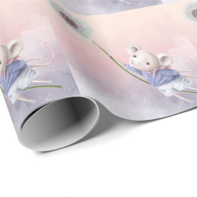 Papier Cadeau Aquarelle Imaginaire mignon Souris Dandelion Flyin (Coin rond)