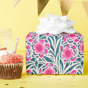 Papier Cadeau Aquarelle inspirée rose + bleu Botanique Floral