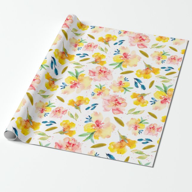 Papier Cadeau Aquarelle jaune et rose chaude Florale (Déroulé)