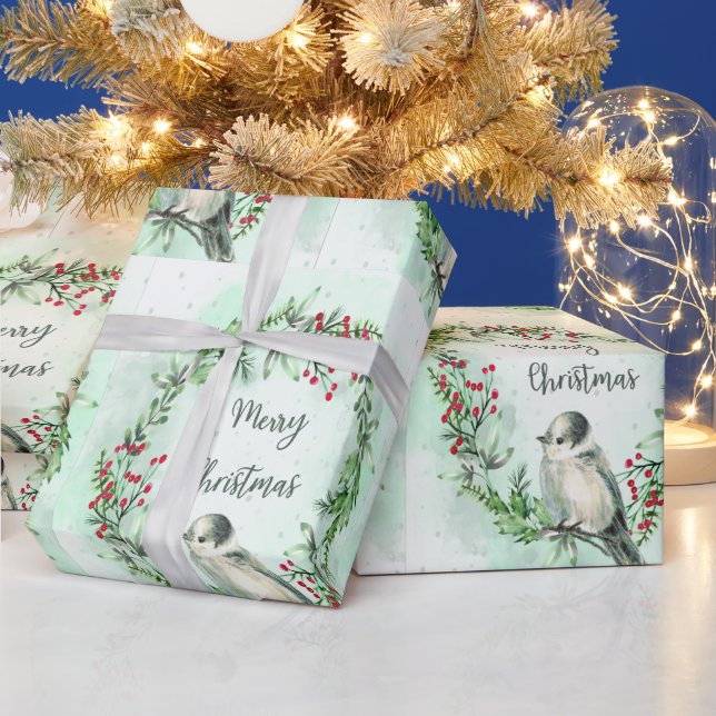 Papier Cadeau Aquarelle Joyeux Noël Grey Jay Bird Wreath (Vacances)