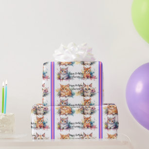 Papier Cadeau Aquarelle Kittens Nom de l'enfant Cadeau d'anniver