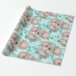 Papier Cadeau Aquarelle Koala Maman, Papier d'enveloppement vert