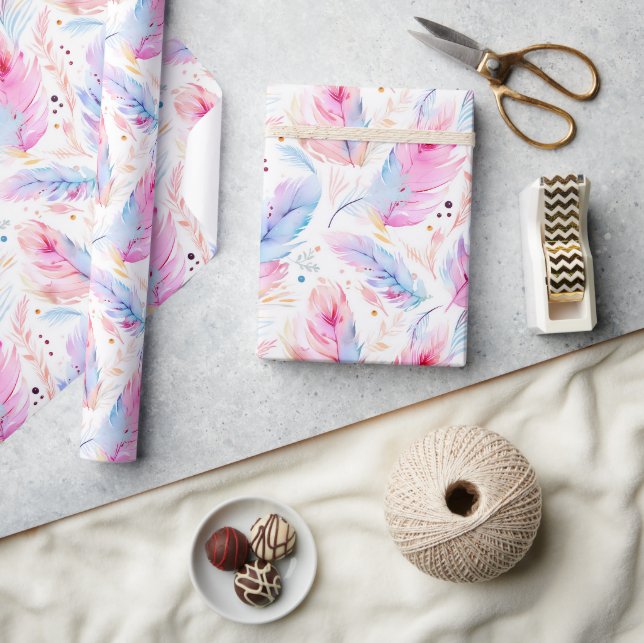 Papier Cadeau Aquarelle Lavande rose brillant Plumes ressort (Artisanat)