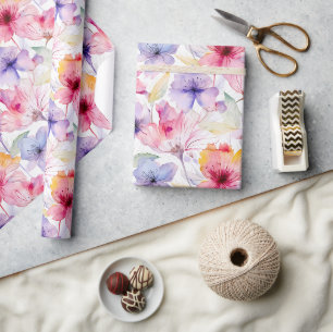 Papier Cadeau Aquarelle Lavande rose rouge Pastel Ressort floral