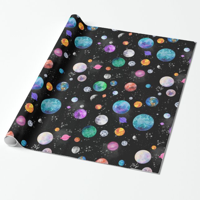 Papier Cadeau Aquarelle Les planètes spatiales Galaxy (Déroulé)