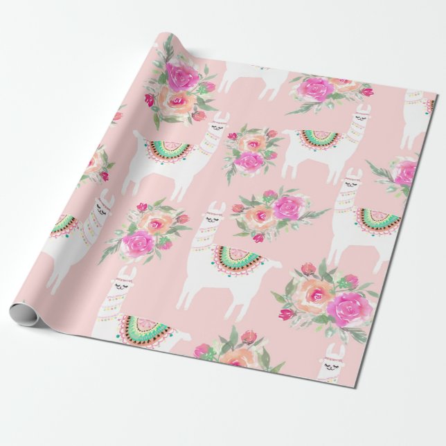 Papier Cadeau Aquarelle Llama sur Coral rose (Déroulé)