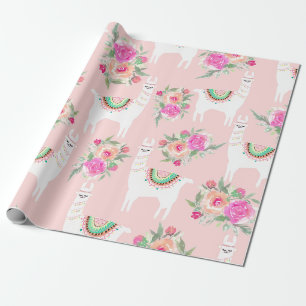 Papier Cadeau Aquarelle Llama sur le rose corail