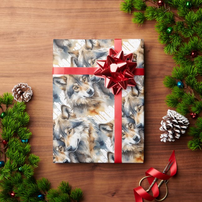 Papier Cadeau Aquarelle Loups mignons Animaux Faune Nature (Cadeau de vacances)
