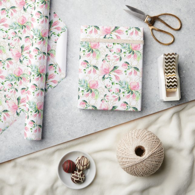 Papier cadeau aquarelle Magnolia rose élégant (Artisanat)