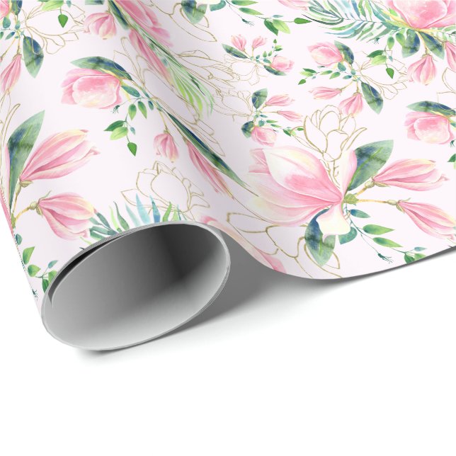 Papier cadeau aquarelle Magnolia rose élégant (Coin rond)