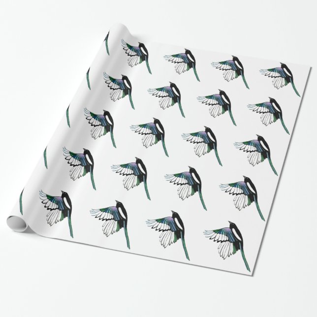 Papier Cadeau Aquarelle Magpie Bird dans Vol Nature Art (Déroulé)
