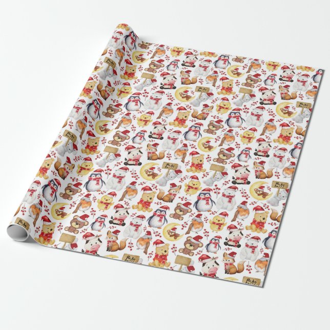 Papier Cadeau Aquarelle mignonne Animaux de Noël - Enfants Noël (Déroulé)