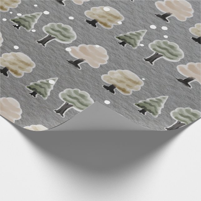 Papier Cadeau Aquarelle mignonne Arbres d'hiver gris neige (Coin)