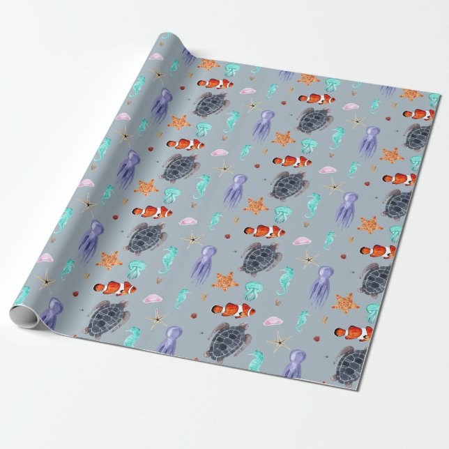 Papier Cadeau Aquarelle mignonne Océan Animaux Mer Vie (Déroulé)